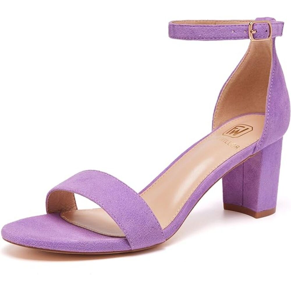 Women's Purple Open Toe Ankle Strap Low Chunky Short Heels Wedding Pumps Shoes